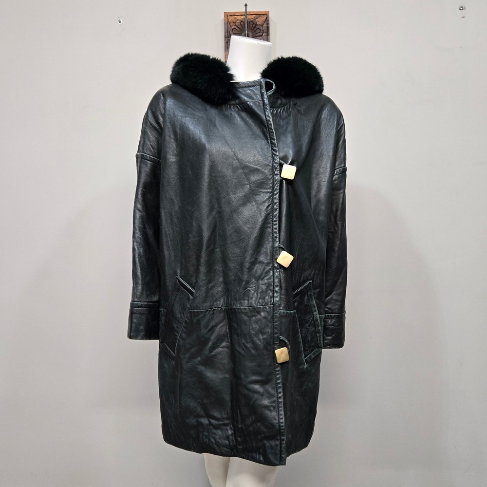 Vintage 90s Dark Forest Green Leather Coat Small Fox Fur Trim Hooded Oversized